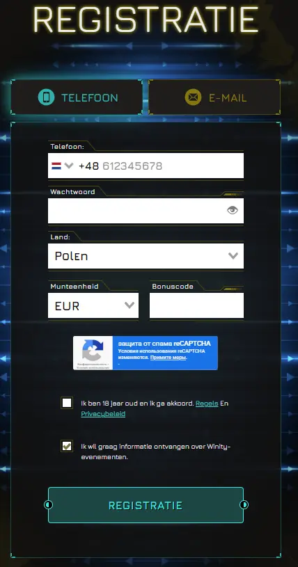 Winity Casino regist